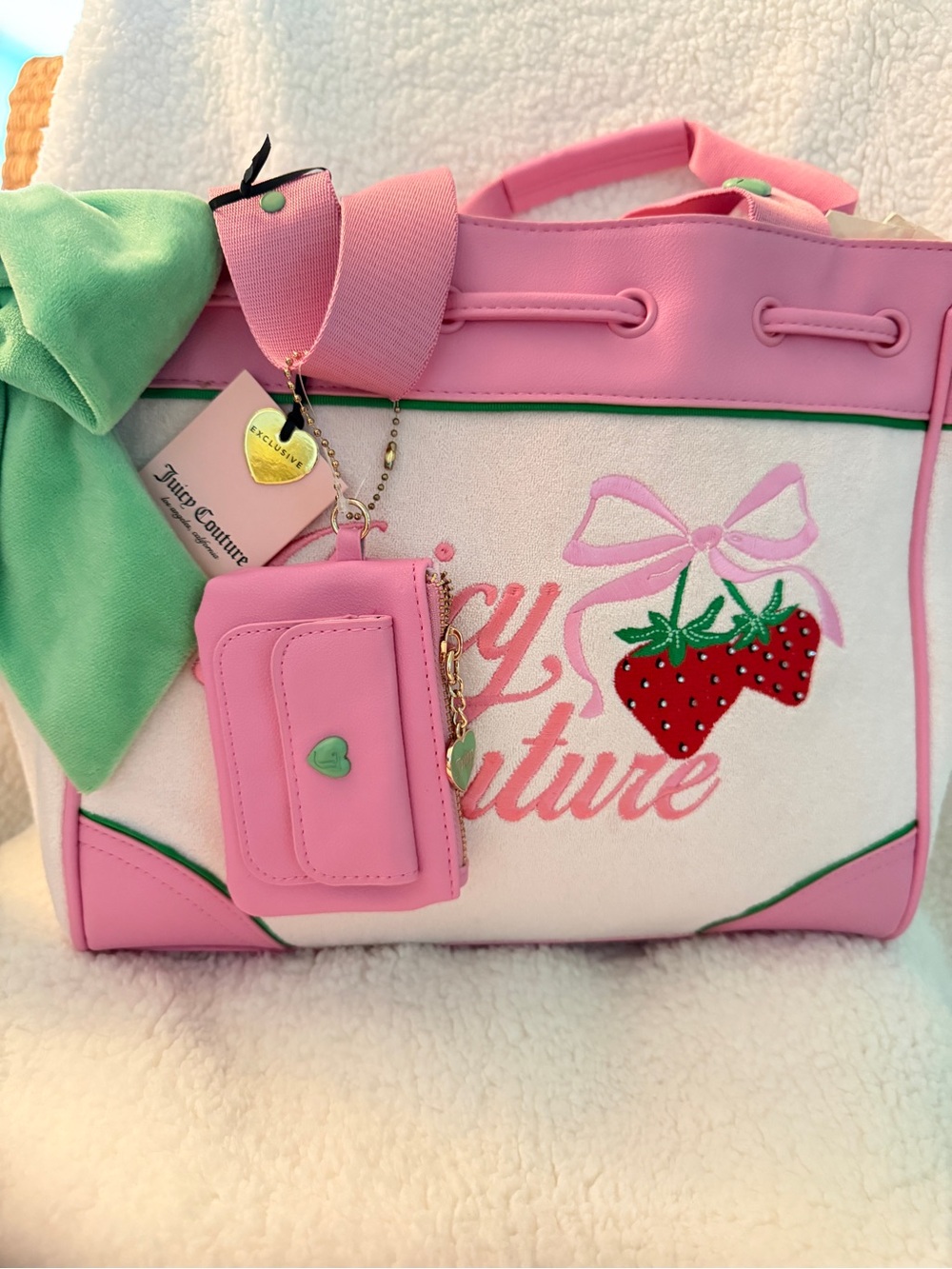 Juicy Couture Pink White Strawberry Tote with Green Trim